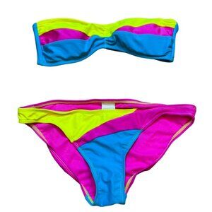 Y2K Xhilaration Womens‎ Neon Colorblock Sparkly Bikini Top & Bandeau Set Size S